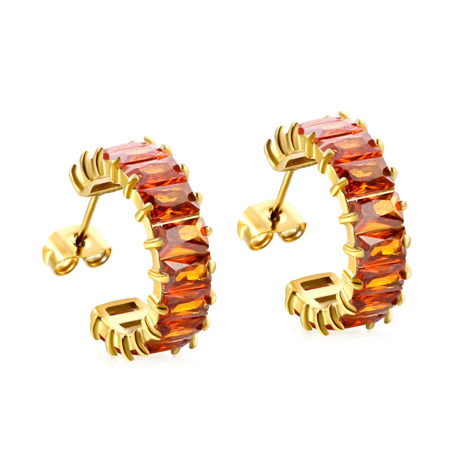 C-Shape with Two Catch Baguette White&Purple&Green&Mixed Diamond Stud Earrings 6.8*21mm asonjewelry